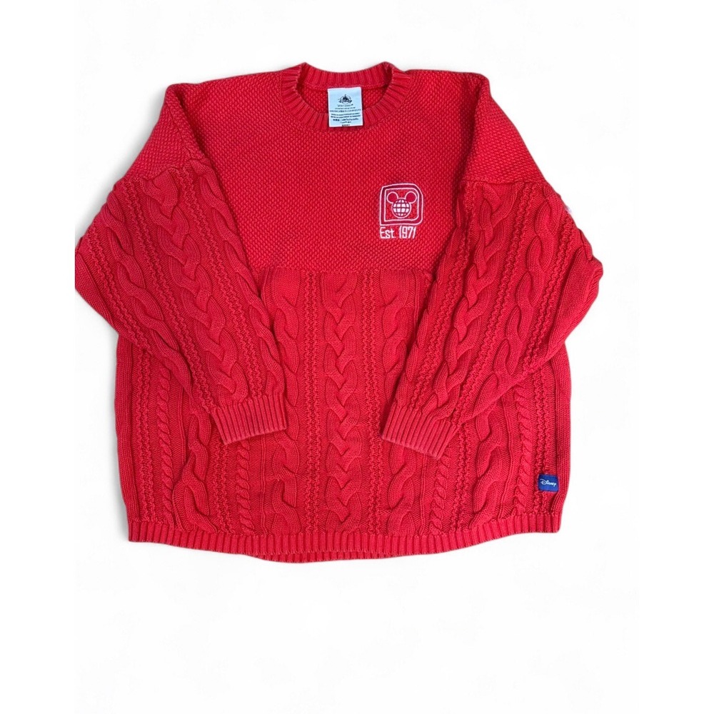 Disney World Spirit Jersey Sweater Red Cable Knit Cotton Pullover Est 1971 Large